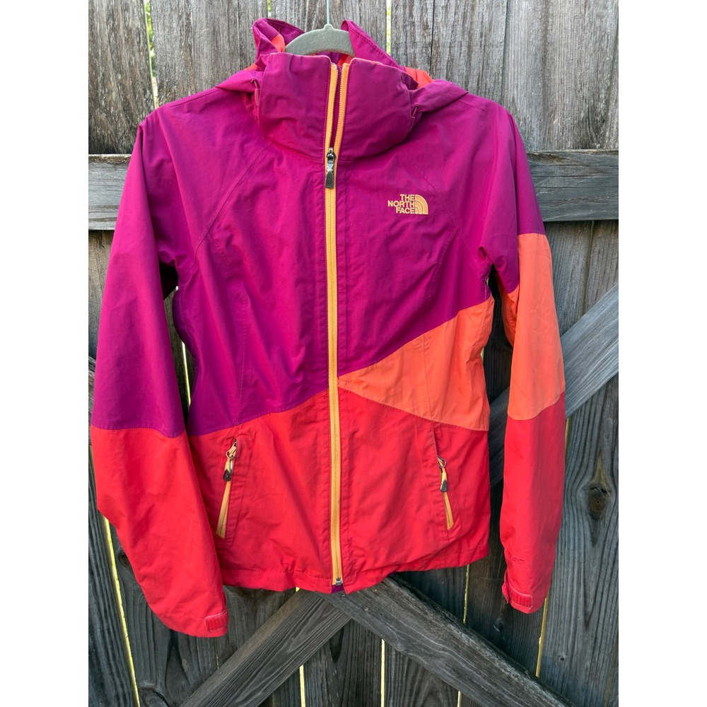 The North Face HyVent Rain Jacket Womens XS Colorblock Pink Red Hooded Shell